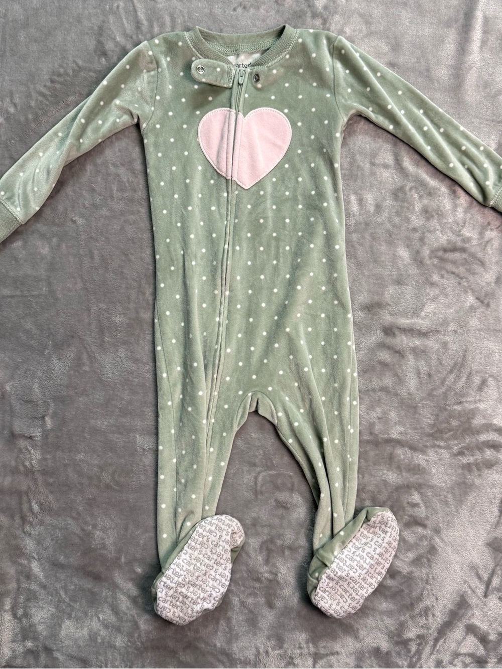 Carter's Sage Green Polka Dot Footed One-Piece with Pink Heart